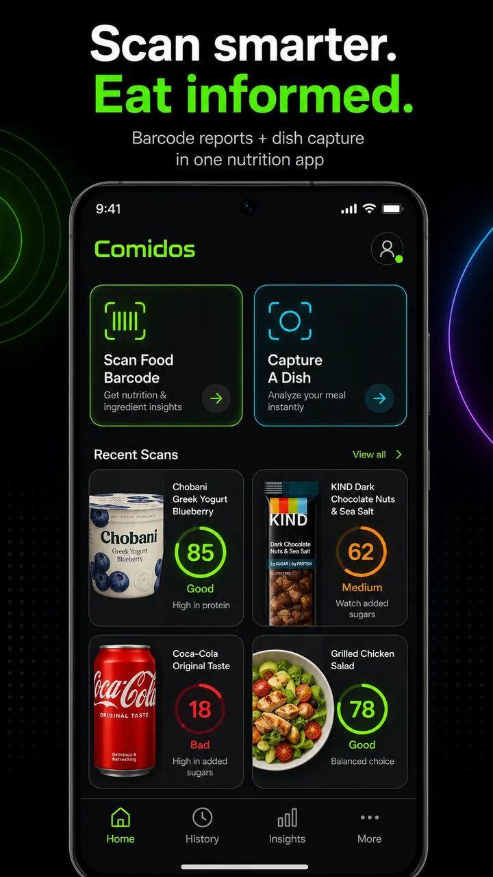 Comidos home screen with Scan Food Barcode and capture a meal dish